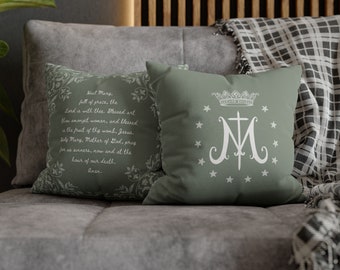 Funda de cojín Ave María en verde / Decoración católica para el hogar