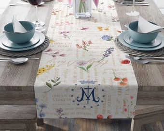 Marian Table Runner with Spring Flowers (Cotton, Poly) | Catholic Home Decor