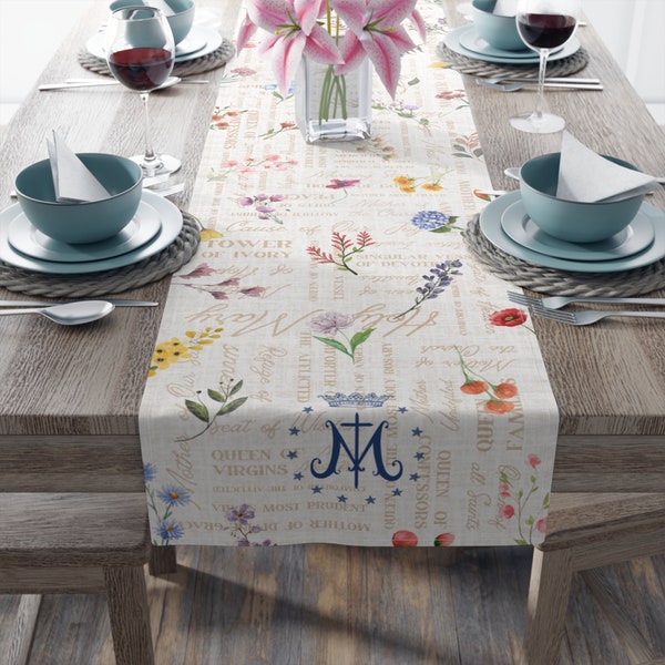 Marian Table Runner with Spring Flowers (Cotton, Poly) | Catholic Home Decor
