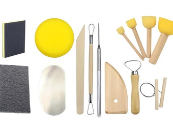 Pottery, Ceramic Starter, Studio Tool Kits - Tool Kit for Beginners and Studio – 14pcs Clay Tools with Sponges, Trimming, and Sanding Tools