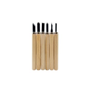 May include: A set of six wood carving tools with black blades and natural wood handles. The tools are arranged vertically, showcasing different blade shapes for detailed woodworking projects. The tools are set against a plain white background.