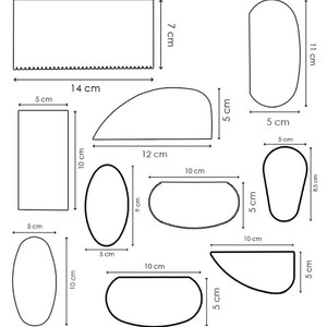 May include: Line drawings of various shapes with measurements in centimeters. Includes rectangles, ovals, and curved forms. The largest shape is 14 cm wide and 7 cm tall. Other shapes are 5 cm, 10 cm, and 12 cm in length.