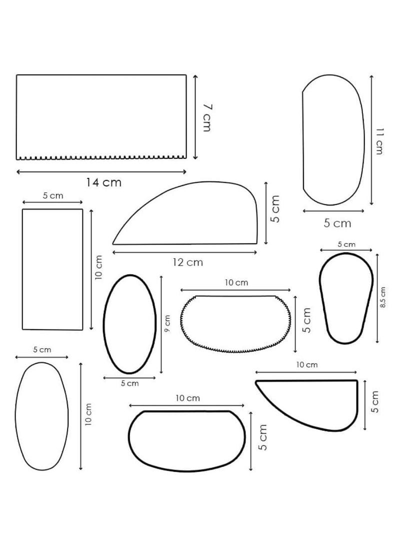 May include: Line drawings of various shapes with measurements in centimeters. Includes rectangles, ovals, and curved forms. The largest shape is 14 cm wide and 7 cm tall. Other shapes are 5 cm, 10 cm, and 12 cm in length.