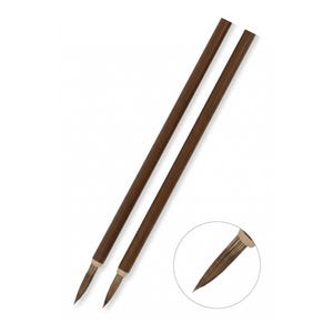 May include: Two brown calligraphy brushes with pointed tips, ideal for ink painting or writing. The brushes have dark wooden handles and fine bristles, perfect for detailed work. A close-up shows the brush tip.