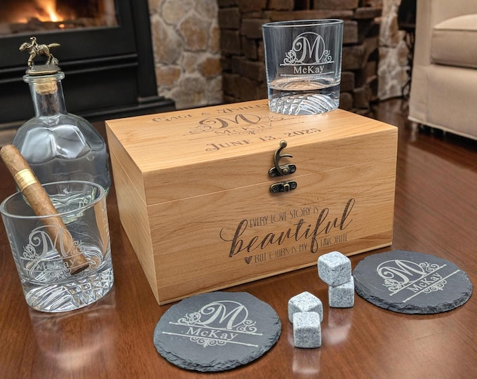 Custom Whiskey Gift Set – Personalized Rocks Glasses & Slate Coasters, Christmas Gift!