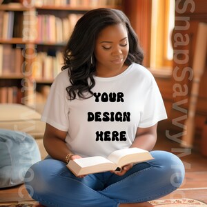 Bella Canvas 3001 White T-shirt Mockup | Books & Library Aesthetic Lifestyle | Bookworm Diverse Model | Instant Digital Download | Library