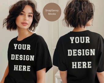 Front and Back Black C1717 Black Comfort Colors Mock Black Mockup Front Back Mockup Print on Back Oversized Tshirt Model Mockup Black tshirt