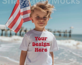 Kids Bella Canvas 3001T White T-Shirt Mockup, Kids T-Shirt Mockup, Boy TShirt Mockup Kids Mockup, Toddler Boy July 4th Mockup July Fourth