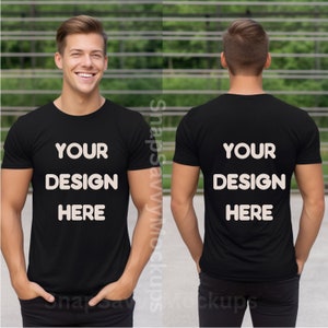 black Gildan 5000 front back shirt mock-up male t-shirt Gildan front back black shirt mockup men&#39;s blank Gildan 5000 man Mockup PNG download