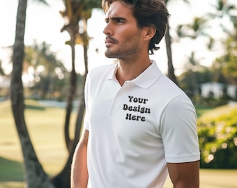 Male Model White Polo Shirt MockUp, Polo Shirt Mockup, Tshirt Mockup, Golf Shirt, Gildan 3800, Model Polo Shirt Mockup, Mock Up Men's Polo