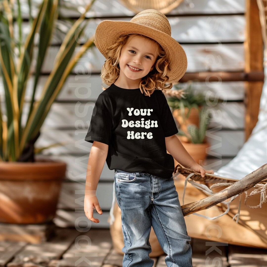 Gildan 5000b Cowboy Black Shirt Mockup Flat Lay Gildan Kids T-shirt ...