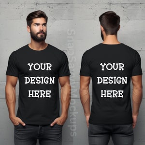black Gildan 5000 front back shirt mock-up male t-shirt Gildan front back black shirt mockup men&#39;s blank Gildan 5000 man Mockup PNG download