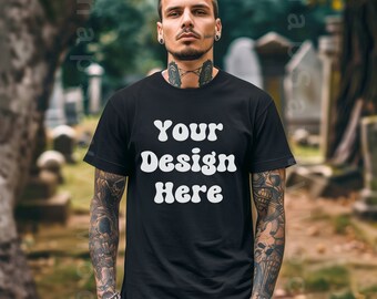 Bella Canvas 3001 ホワイト T シャツ モックアップ、ロッカー T シャツ モックアップ、パンク シャツ モックアップ、オルタナティブ、タトゥー モデル、メンズ T シャツ モックアップ