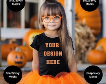 Crianças Halloween Mockup Bella Canvas 3001Y Preto Camiseta Mockup Crianças Mockup Outono Mockup Criança Mockup Camiseta Crianças Mockup Criança Mockup Traje