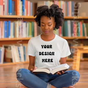 Bella Canvas 3001 White T-shirt Mockup | Books & Library Aesthetic Lifestyle | Bookworm Diverse Model | Instant Digital Download | Library