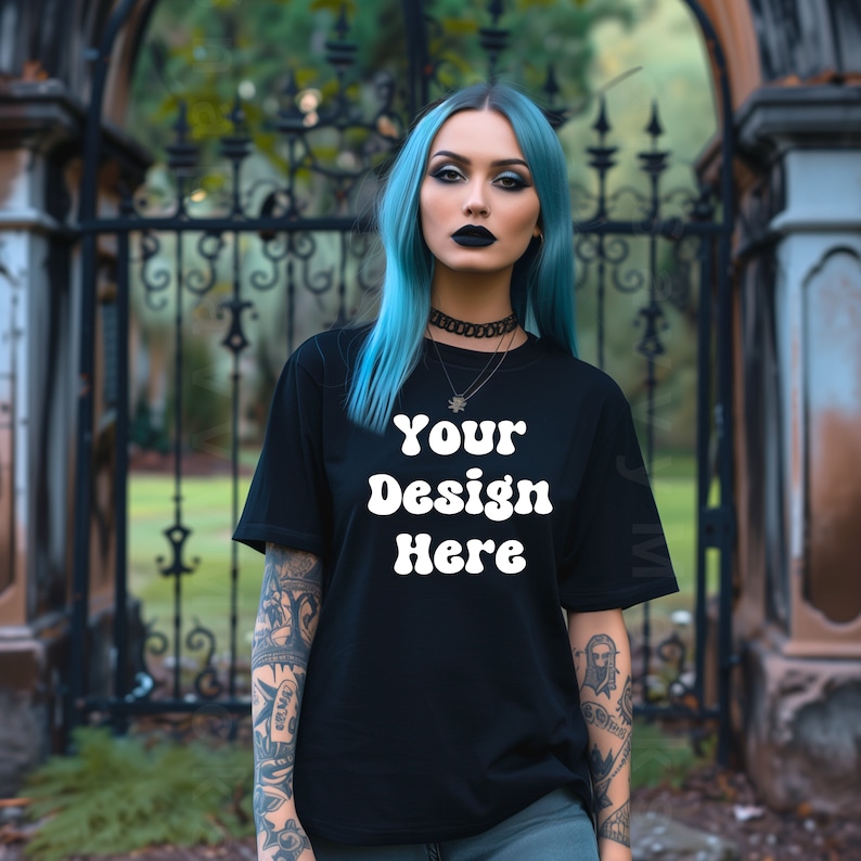 Punk goth emo tattooed model black gildan 5000 tshirt mockup