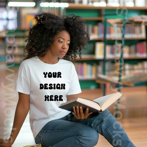 Book Lovers Mockup | Bookworm Mockup | Bella Canvas 3001 White T-shirt Mockup | Books & Library Aesthetic Lifestyle | Bookworm Diverse Model
