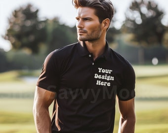 Black Polo Shirt Golf Course Mock Up, Polo Shirt Mockup, Tshirt Mock up, Golf Shirt, Fathers day Model Polo Shirt Mockup, Mock Up Men's Polo
