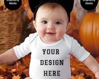 Rabbit Skins 4424 Halloween Mockup, Baby Onesie Halloween Mockup, Białe Body dla niemowląt Mockup, Jesienne Body Mockup, Fotografia Stylizowana Dla Dzieci