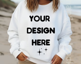 Gildan 18000 Mockup | White Gildan 18000 Sweater Mockup | Model White Sweatshirt Mockup | White Gildan 18000 Mockup, Boho Mockup, Beach Mock