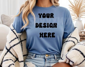 Comfort Colors C1717 Blue Jean Shirt Mockup, Comfort Color Blue Jean Tshirt Mock-up Blue Jean C1717 Aesthetic Beach Tee Mock, Simple Minimal