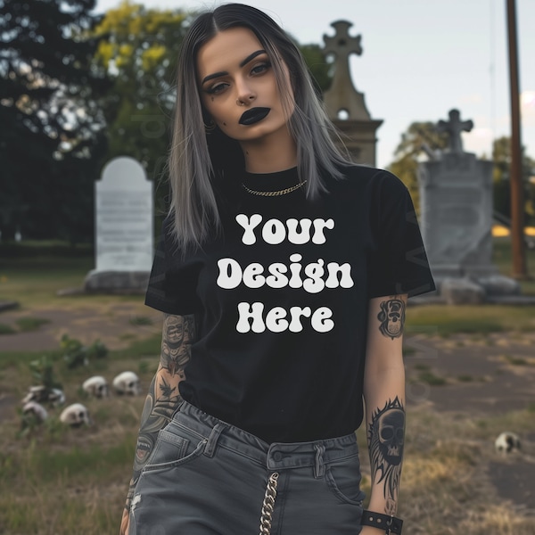 Gothic T-Shirt Mockup,  Gothic Black Bella Canva 3001 Shirt Mockup, Tattooed Punk Girl, Grunge Mockup, Graveyard, Halloween Mockups,