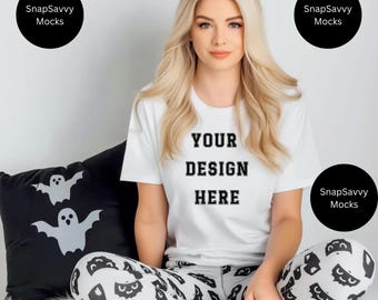 Comfortkleuren 1717 Halloween-mockup, mockup wit overhemd, T-shirtmodel herfstshirtmodel Halloween Spookachtig shirtmodel wit T-shirt
