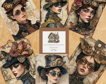 Steampunk Girls  Digital Papers, Printable Grunge Steampunk Images, Steampunk Girl, Victorian Girl, Steampunk Junk Journal Kit, Planner