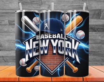 May include: A black tumbler with a baseball theme. The design includes a baseball cap, baseball bats, and baseballs. The words "Baseball New York" are prominently displayed. The background features blue lightning bolts.