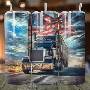 May include: A stainless steel tumbler with a design of a semi-truck driving down a highway with an American flag waving in the background.