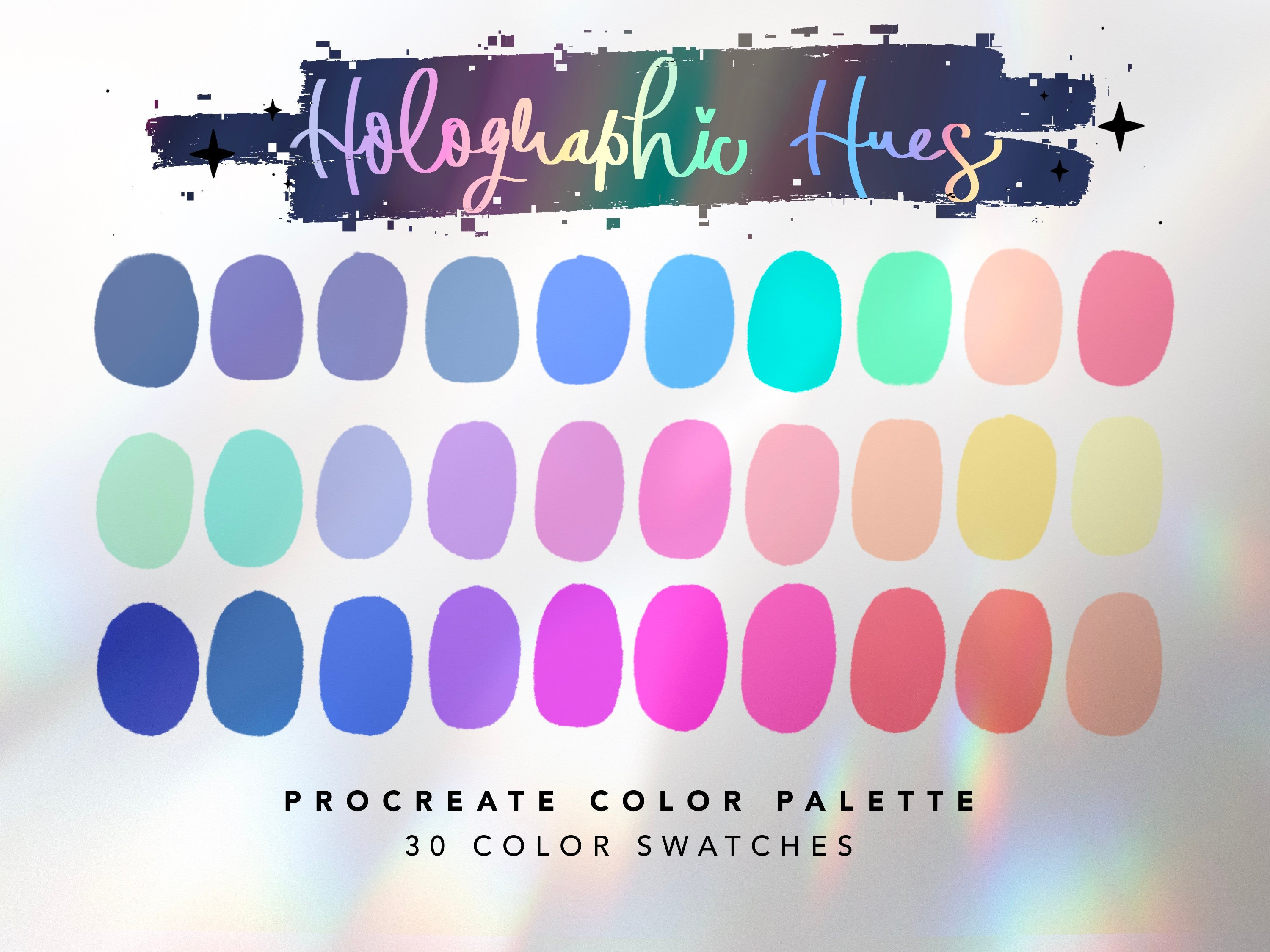 Holographic Hues Procreate Color Palette – 30 Iridescent Pastel Color Swatches for iPad Art (Digital Download)