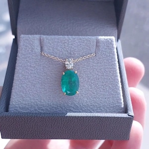 Natural Green Emerald & Diamond Pendant, Solid 14K Gold, Dangle Pendant