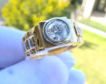 Men&#39;s Ring with Natural Diamond | 18K Two-Tone Yellow and White Gold | Watch Band Ring