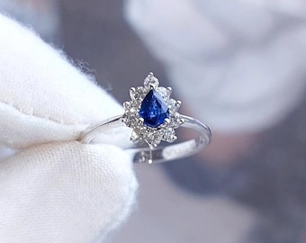 Natural Blue Sapphire & Diamond Halo Engagement Ring , Solid 18K Gold