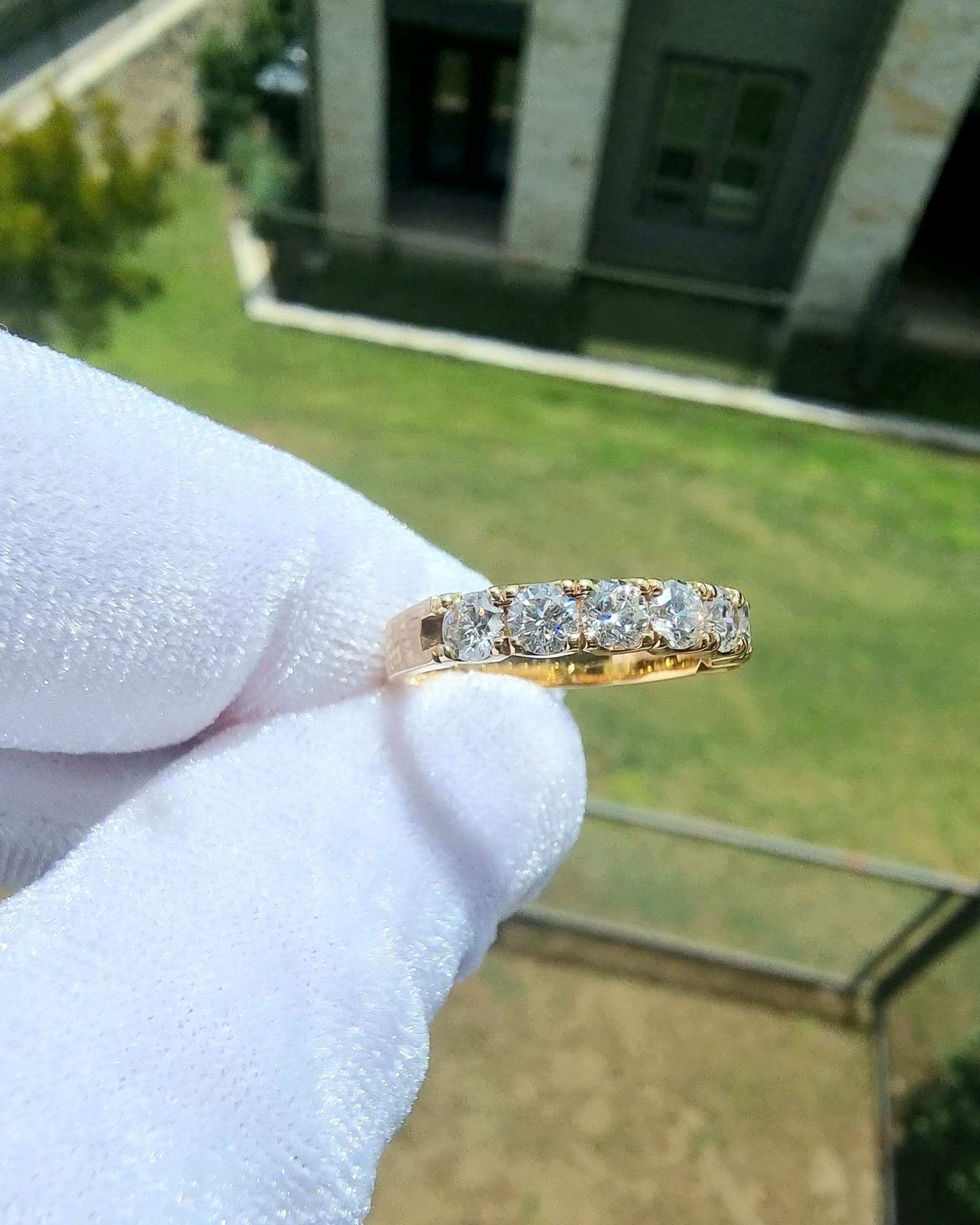 Seven 3.20 MM Round Brilliant Cut natural Diamond / 0.85 carat G-SI Dazzling Half Eternity Wedding Band / Bridal Set 14K Yellow Gold