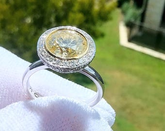 2.01 Carat Round Fancy Yellow Natural Diamond, Halo & Pave Design Style Anniversary Ring