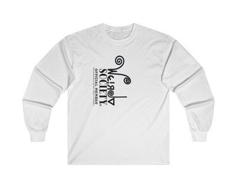 May include: White long-sleeve t-shirt with a black graphic design that reads "We:re: Society" with a stylized swirl design. The text "Official Member" is printed below the graphic.