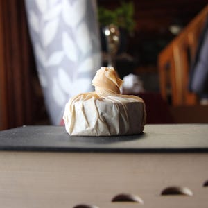 May include: A small, square package wrapped in light brown paper, with a ruffled top. The package sits on a dark surface, possibly a book, with a window and curtains in the background.