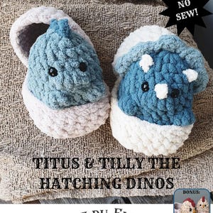 タイタス、ティリー＆タイムの孵化恐竜の赤ちゃん恐竜とニワトリの卵の編みぐるみデジタルPDFかぎ針編みパターン