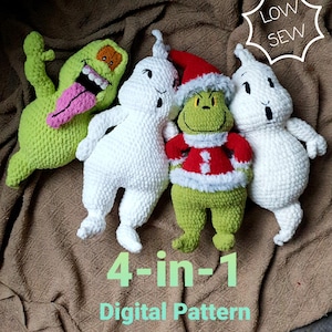 Puede incluir: Un patrón de crochet para cuatro peluches diferentes: un monstruo verde con una lengua rosa, un fantasma blanco, un Grinch verde con un traje de Papá Noel rojo y otro fantasma blanco. El patrón se llama "4-in-1 Digital Pattern".