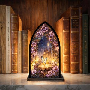 Könnte beinhalten: Ein dekoratives Buntglasfenster in Bogenform, das eine Nachtszene mit einem Schloss, einem Schmetterling und einem offenen Buch zeigt. Das Fenster ist von lila Blumen umgeben und steht auf einem Holzsockel, mit antiken Büchern im Hintergrund.