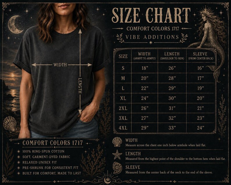 May include: A charcoal gray t-shirt displayed with a size chart featuring measurements in inches for sizes S through 4XL. The chart details width, length, and sleeve measurements, alongside text specifying 100% ring-spun cotton fabric.