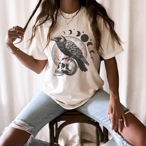 Raven and Skull Shirt Raven Skull Goth Raven Shirt Crow Shirt Crows Shirt Dark Academia Shirt Whimsigoth Clothing Crow Shirt Moon Phase Tee