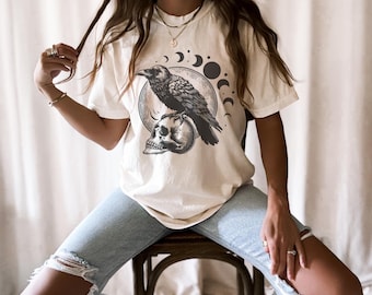 Raven and Skull Shirt Whimsigothic Shirt Raven Shirt Crow Shirt Castlecore Dark Academia Shirt Poetcore Shirt Moon Phase Tee Nevermore Shirt