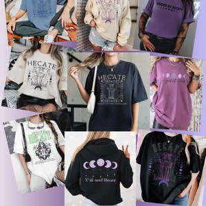 Pu&ograve; includere: Una collezione di nove t-shirt con diversi design che includono la parola "Hecate" e immagini della luna. Le magliette sono di vari colori, tra cui nero, bianco, viola e blu. Il testo sulle magliette include "Guided by Hecate", "Goddess of the Crossroads" e "Y'all need Hecate".