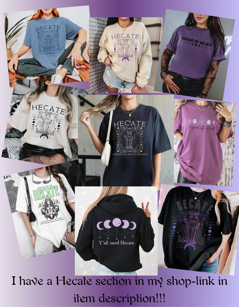 Pu&ograve; includere: Una collezione di nove t-shirt con diversi design che includono la parola "Hecate" e immagini della luna. Le magliette sono di vari colori, tra cui nero, bianco, viola e blu. Il testo sulle magliette include "Guided by Hecate", "Goddess of the Crossroads" e "Y'all need Hecate".