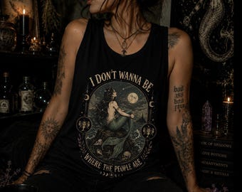 Camiseta Sereia Regata "Eu Não Quero Estar Onde as Pessoas Estão" Camiseta Sereia Antissocial Camiseta Sereia Vintage Fantasia Sombria Gótica Costeira