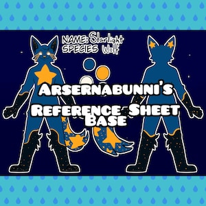 Puede incluir: Una base de hoja de referencia de arte digital con un diseño de personaje Starlight Wolf. El diseño incluye un lobo azul con detalles de estrellas, una gran estrella amarilla en el pecho y el texto "ARSENABUNNI'S REFERENCE SHEET BASE". El fondo es azul oscuro con un patrón de gotas de lluvia.