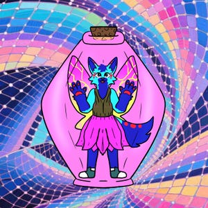 May include: A cartoon illustration of a blue and teal furry creature with butterfly wings, wearing a brown vest and pink skirt, inside a pink bottle with a cork stopper. The background is a colorful, swirling pattern.
