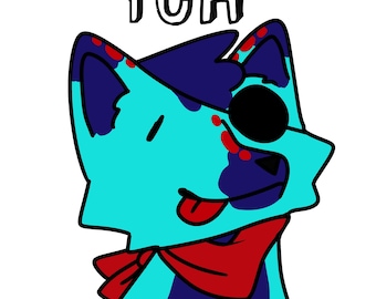 May include: Cartoon illustration of a blue and purple fox-like character with a red bow tie and a black eyepatch. The text "YCH" is written above the character in black, outlined in white.